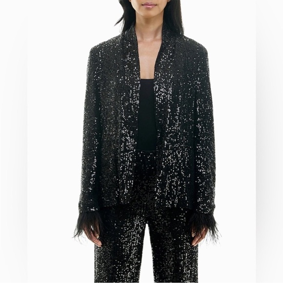 Nicole Miller Charlotte Black Sequins Feather Trimmed Jacket L - Picture 1 of 5